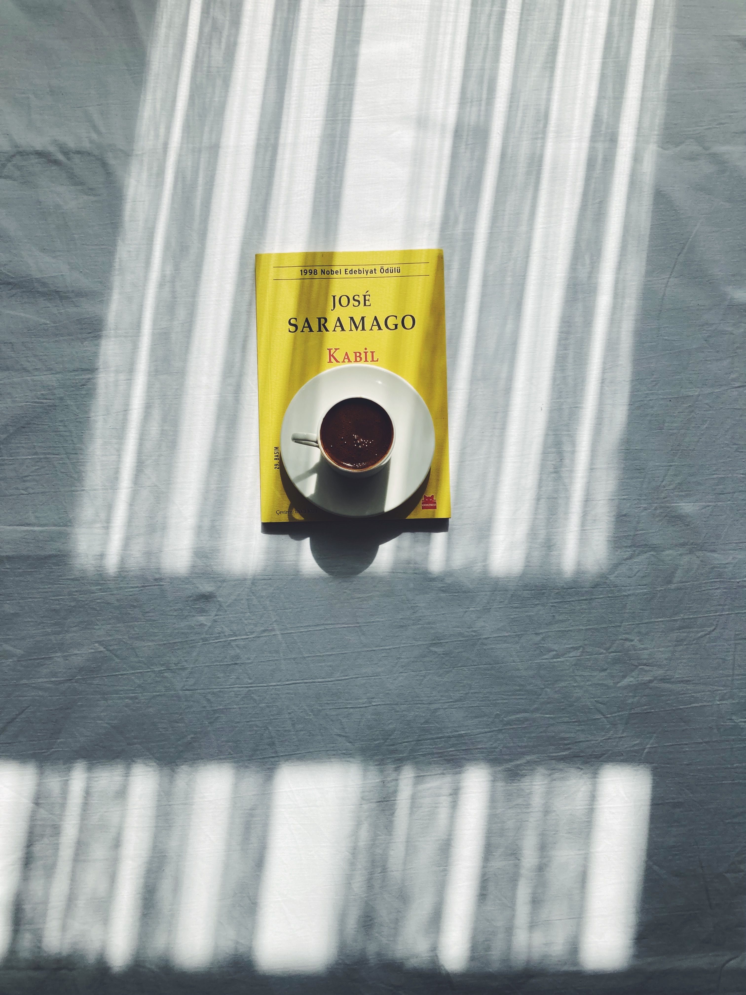 A cup of coffee resting on a book, casting shadows in a minimalist setting.