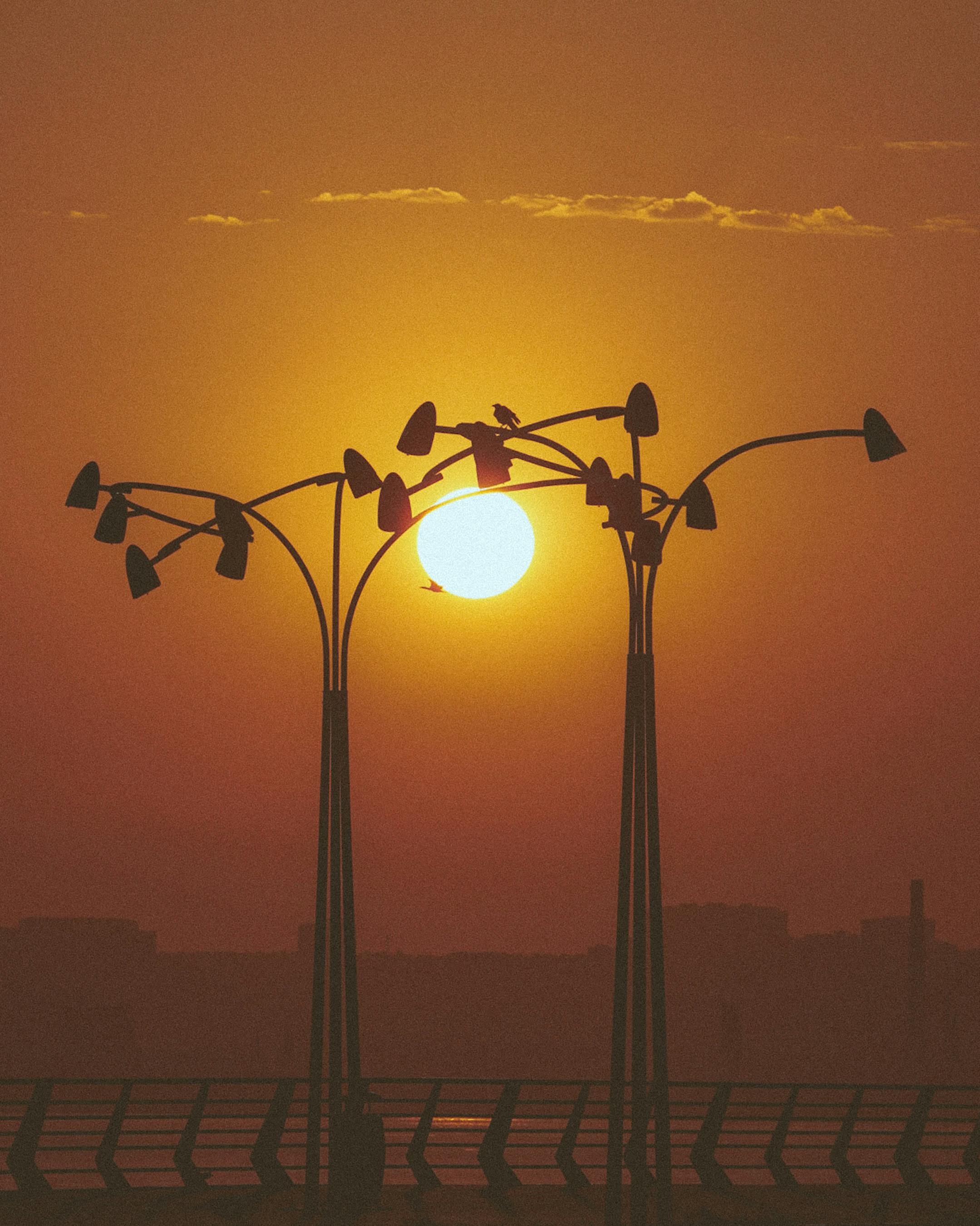 Captivating sunset in Baku featuring decorative streetlights silhouetted against the golden sky.