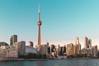 日落时分，多伦多天际线展现出美丽的景色，其中标志性的加拿大国家电视塔格外引人注目