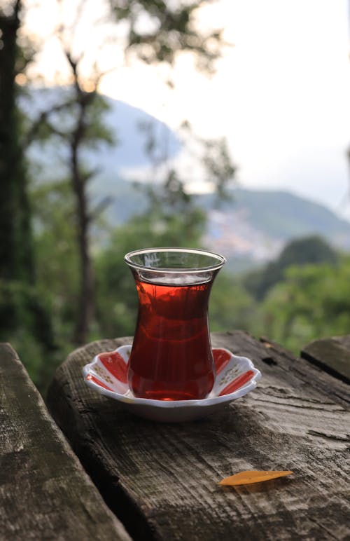 Tea in Turkish Style Glass on a Table in a Forest