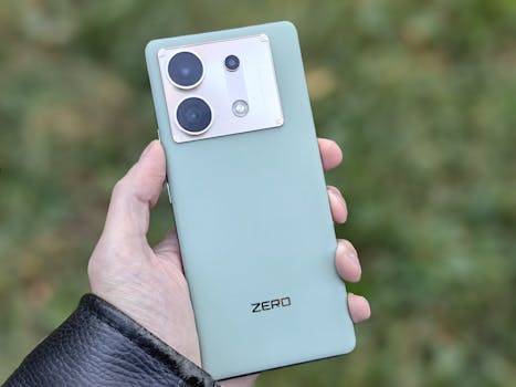 Close-up shot of a hand holding a light green smartphone outdoors in Moscow.