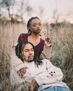 一对时尚的夫妇在郁郁葱葱的草地上享受宁静时刻，展现了团结与自然之美