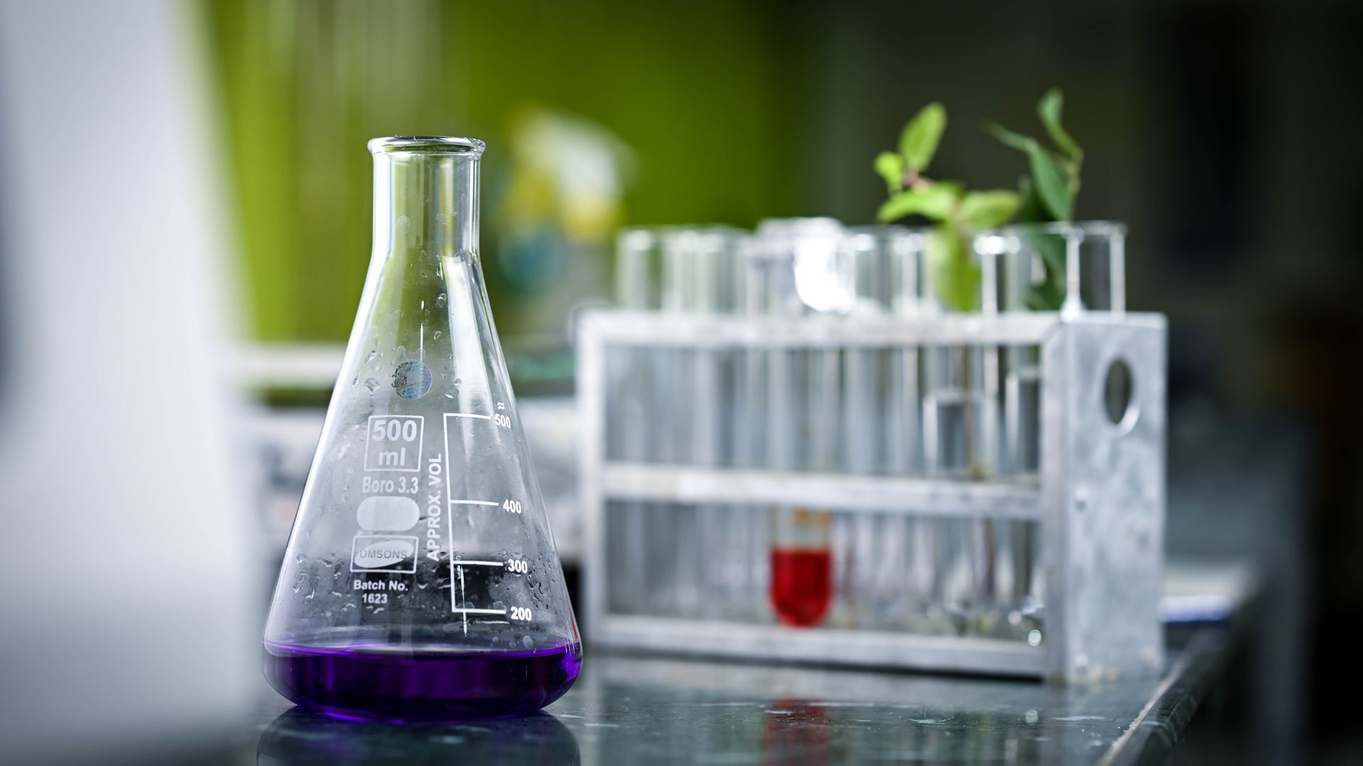 Modafinil for Graduate School Research: The Ultimate Guide Close-up of a lab flask with purple liquid and test tubes in a scientific setting — modafinil for graduate school research