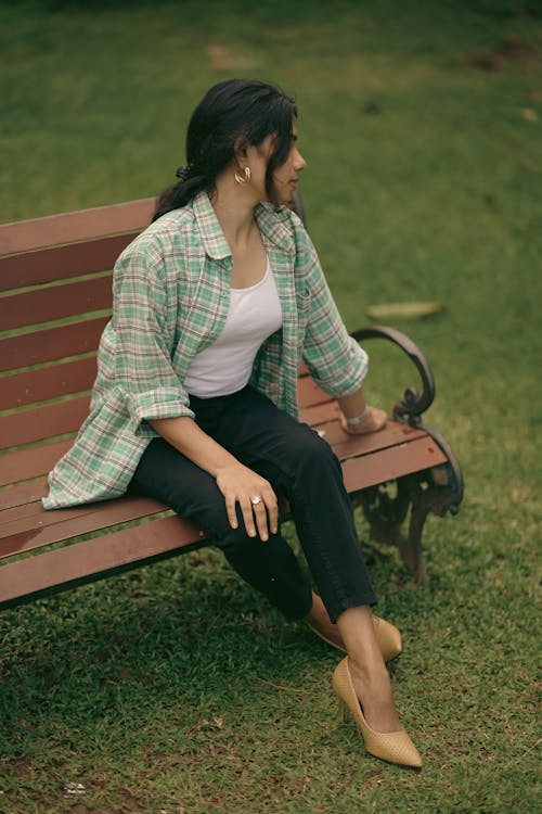 Brunette Wearing Checked Blouse on Tank Top