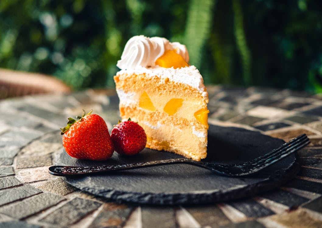 Cake Slice and Strawberries