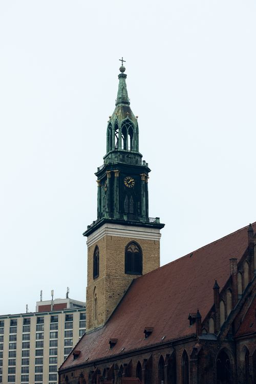 Free Gothic architecture of St. Mary's Church bell tower in Berlin, Germany, stands tall in the urban landscape. Stock Photo