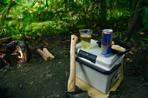 Axe, Fridge and Red Bull on Camping