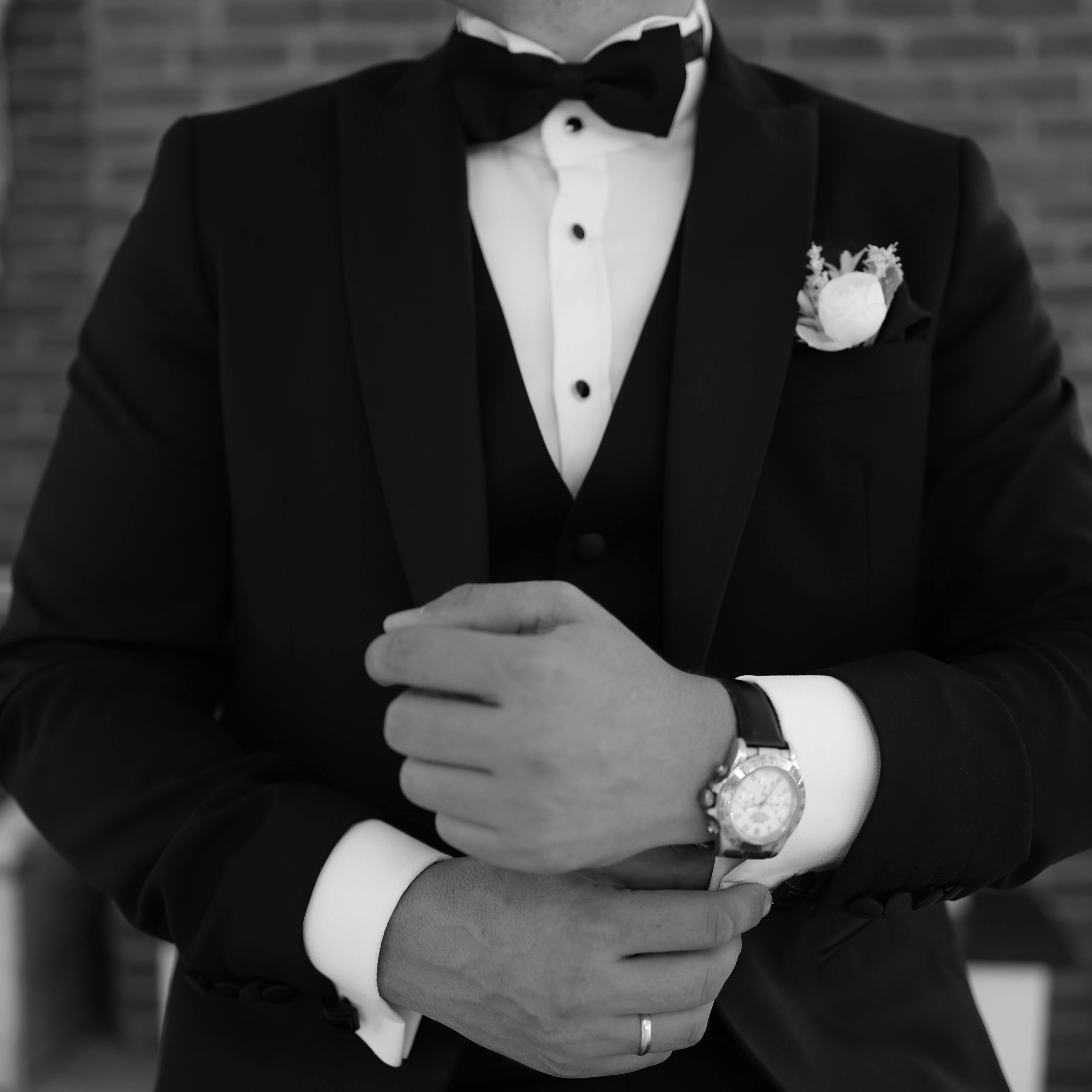 HD wallpaper: men's black suit jacket, man, tuxedo, bw, watch, groom, human  Hand | Wallpaper Flare