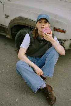 Young woman sitting by a vintage car enjoying a donut, wearing casual attire.