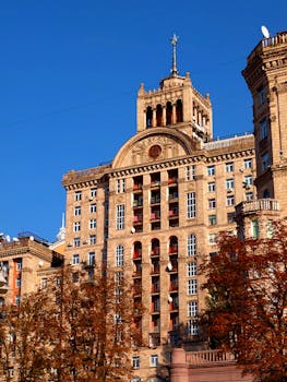 Iconic Soviet-era building captured on a sunny day in Kyiv, Ukraine.