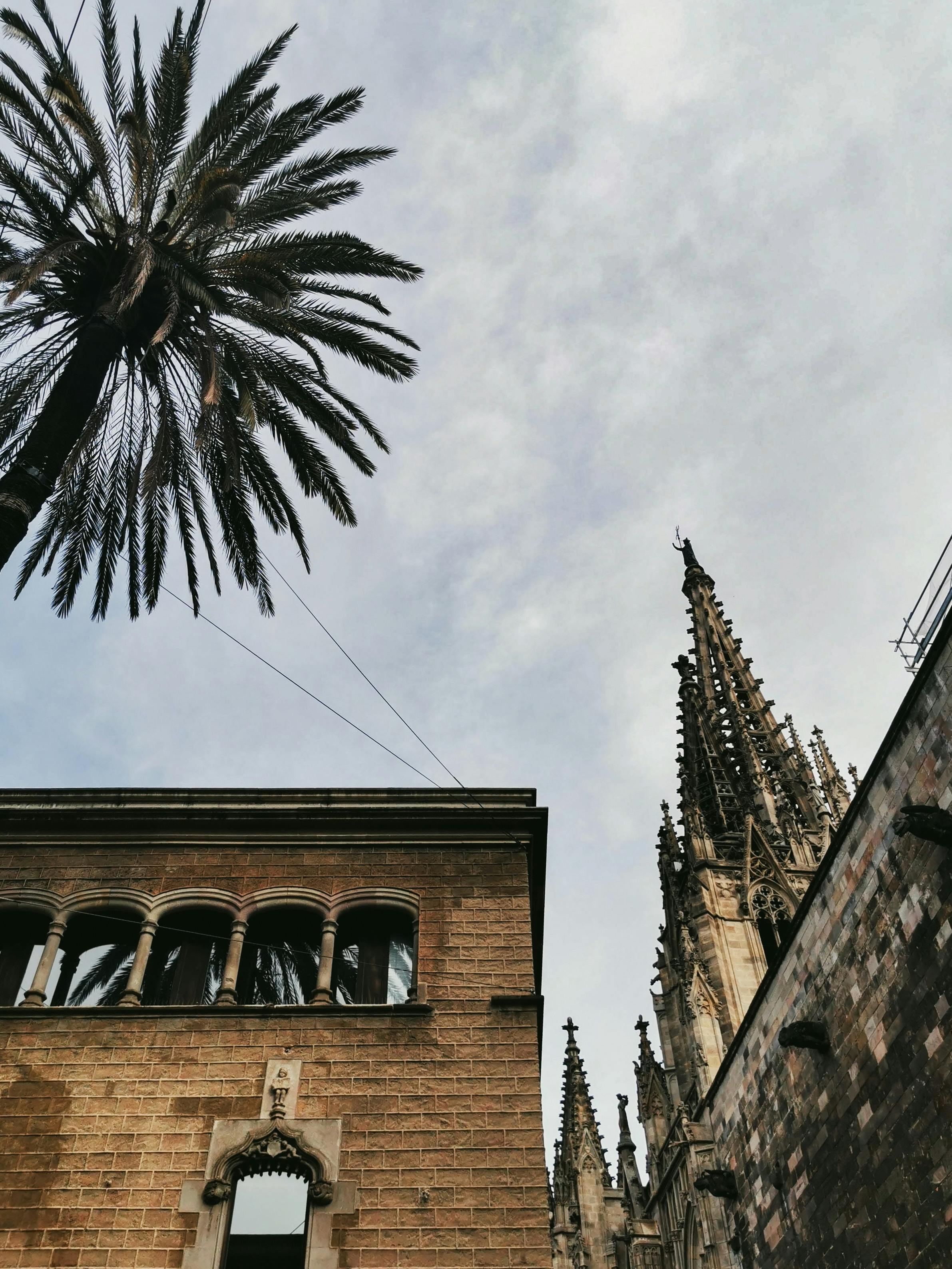 tower of cathedral of barcelona behind buildings walls