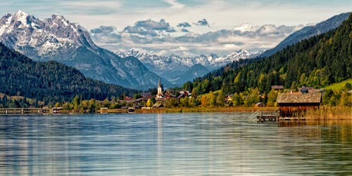 Lake and Village behind in Mountains