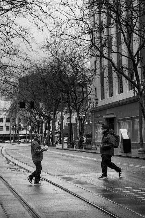 Free People Crossing the Street in City Stock Photo