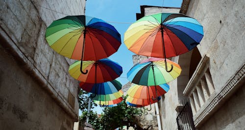 Colorful Umbrellas Hanging above the Street between the Buildings 