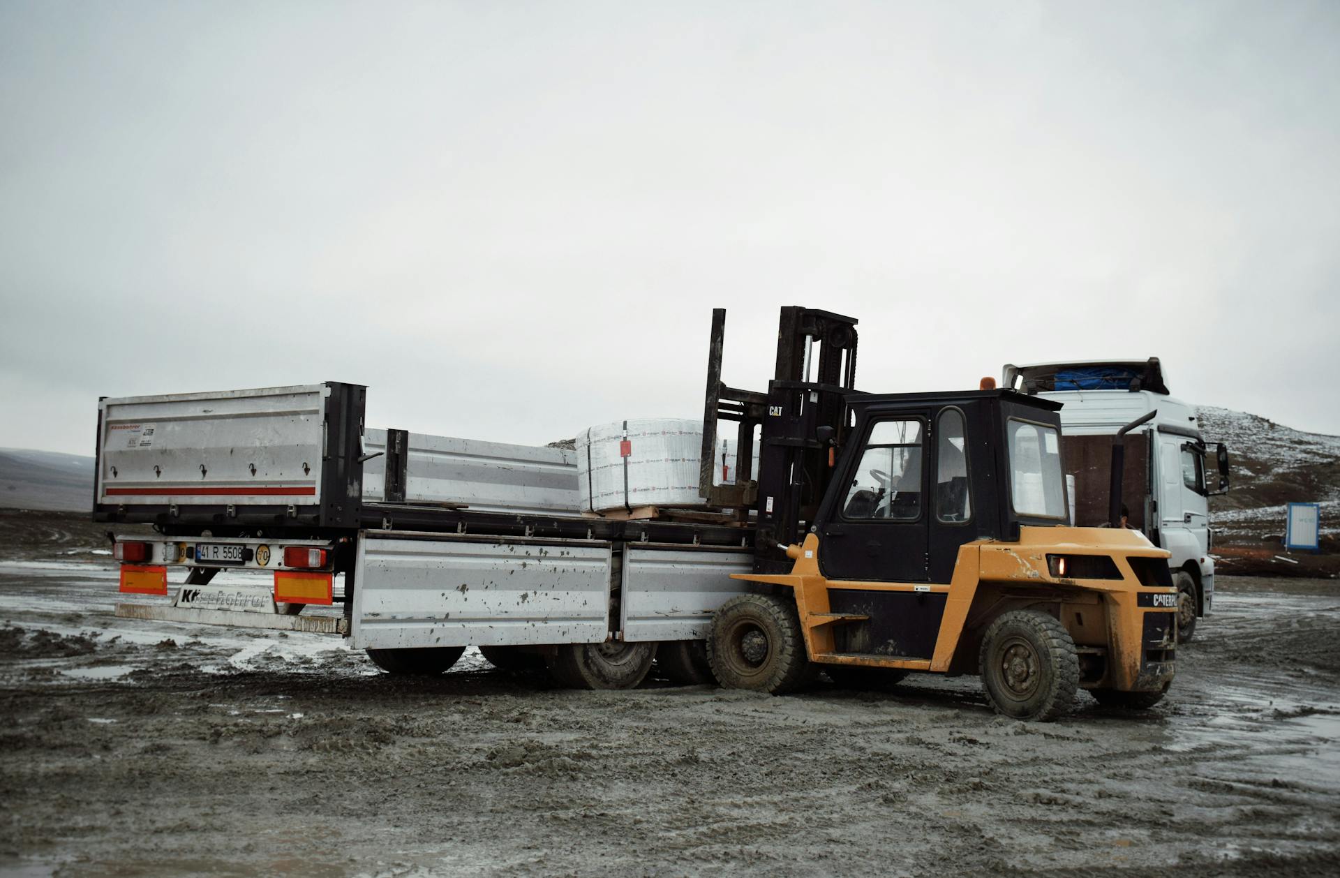 Forklift loading materials onto a truck in an industrial landscape.