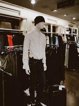 Mannequin dressed in stylish outfit at a contemporary clothing store, showcasing latest fashion trends.