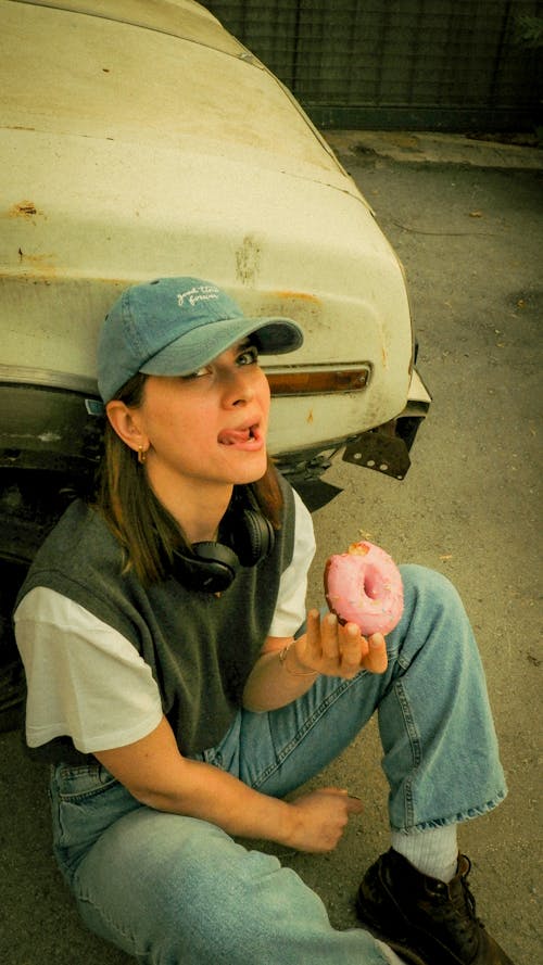 Casual Style Woman Eating Donut