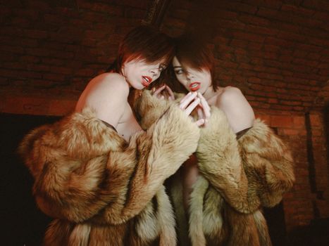 Sophisticated fashion portrait of a woman in a fur coat, posing with her reflection in a mirror.