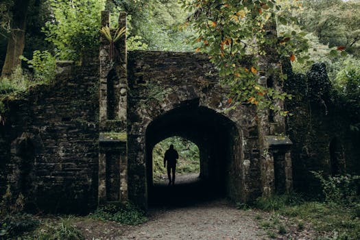 Moss-covered stone archway in a green forest with silhouette of a person walking through.