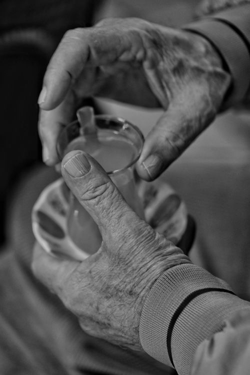 Free Black and white image showing elderly hands holding a teacup, symbolizing warmth and tradition. Stock Photo