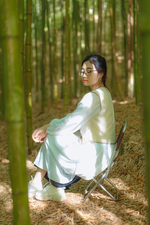 Woman in White Dress Sitting on Chair among Bamboo Trees