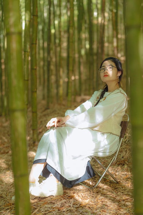 Woman in White Dress Sitting among Bamboo Trees