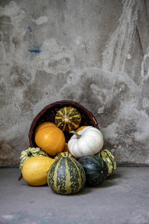 Wicker Basket and Pile of Winter Squashes