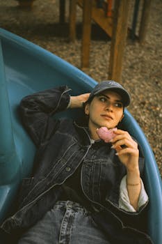 Woman in denim jacket enjoying a break on a slide, eating a snack.