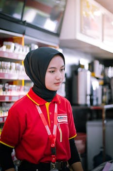 A young woman in hijab working as a cashier in a Palembang convenience store.