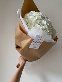 Elegant bouquet of white hydrangeas wrapped in kraft paper, perfect for a minimalist floral arrangement.
