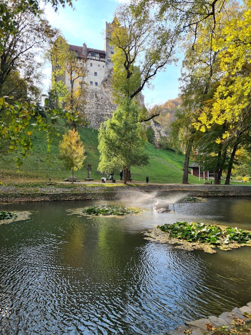 View of a Pond in a Park and the Bran Castle on a Hill 