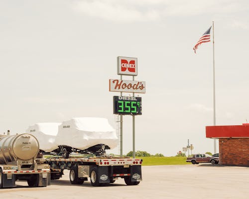 Diesel Price on Gas Station with American Flag behind