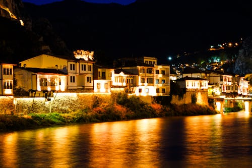 Night Lighting of Houses by the River in the City of Amasya