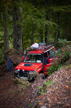 A vibrant red SUV tackles an off-road trail surrounded by lush forest, perfect for adventure enthusiasts.