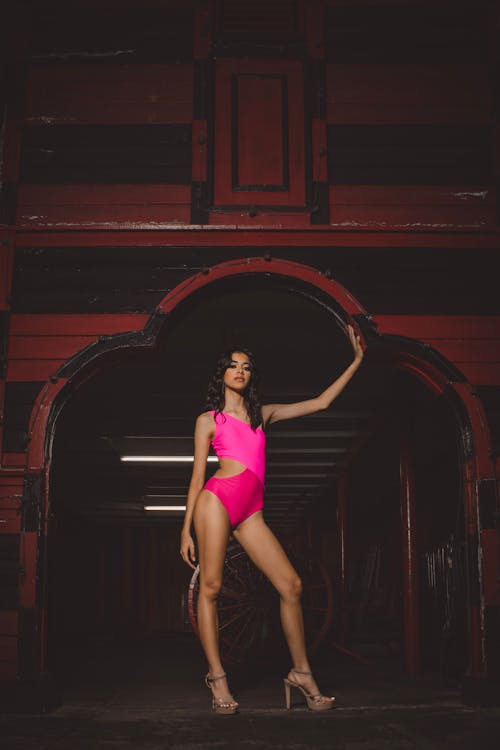 Model Posing in Pink Lingerie