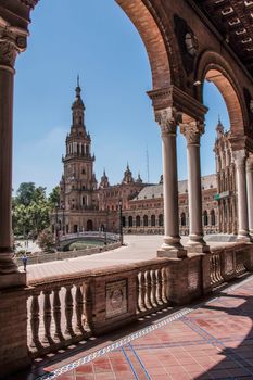 Beautiful architectural view of Plaza de España in Seville, Spain on a sunny day.