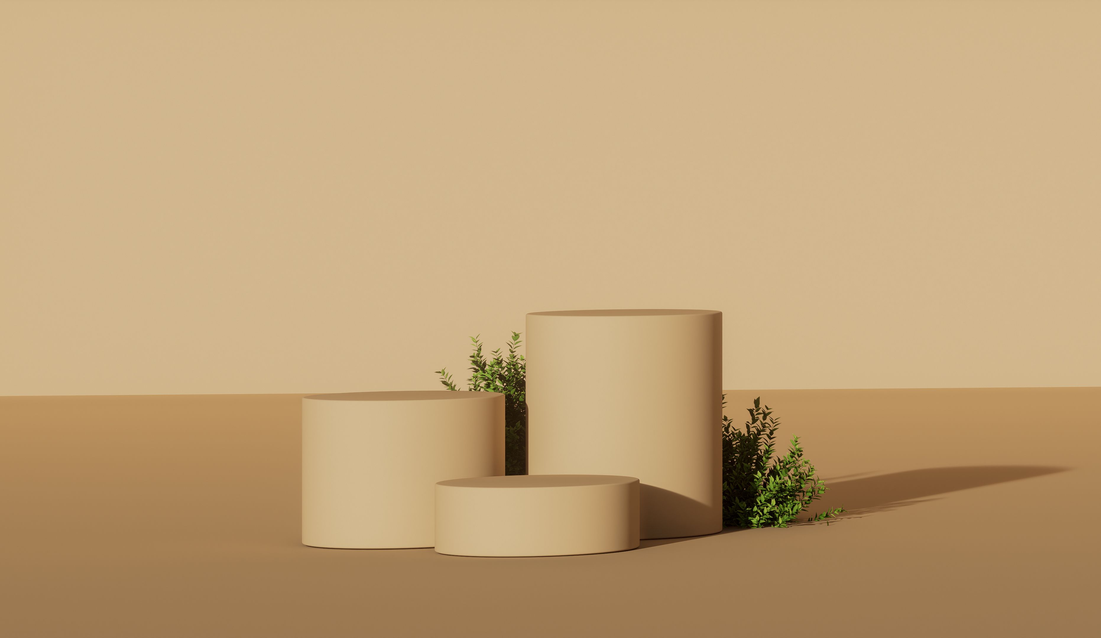 Modern minimalist design featuring beige cylinders and green plants, perfect for creative backgrounds.