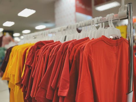 Red and yellow T-shirts neatly hung on a metal rack in a retail store setting.