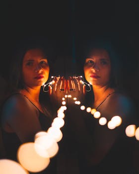 一位喜怒无常的女人手持串灯的肖像，背景是镜子，带有柔和的散景效果