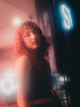 Artistic portrait of a woman with red hair in an illuminated urban night scene.