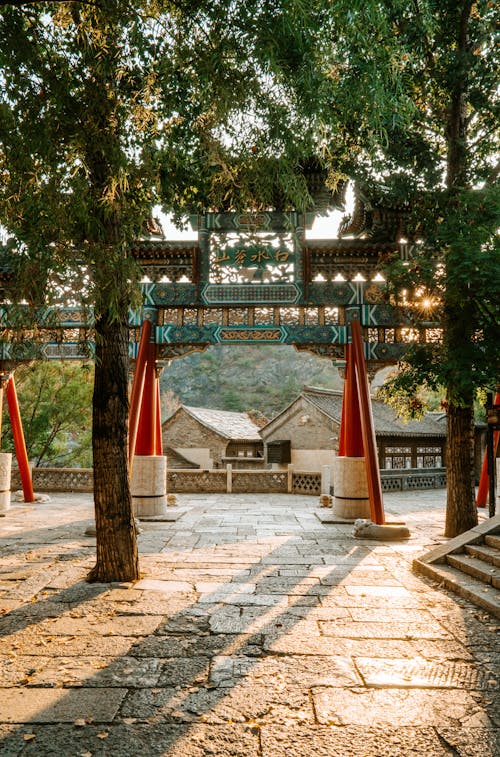 Trees and Ornamented Buddhist Temple Entrance behind