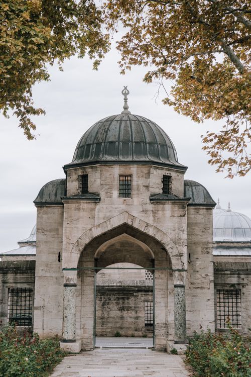 Free A picturesque view of the historic gate to the Suleymaniye Mosque in Istanbul, framed by autumn leaves. Stock Photo