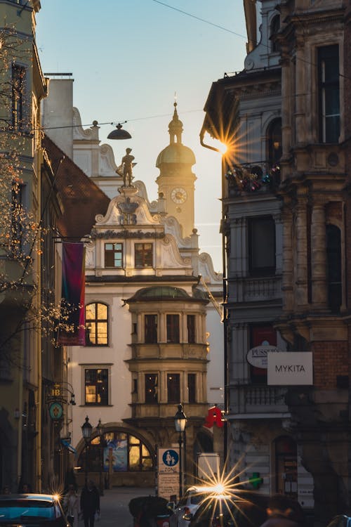 Sunset Sunlight over Buildings in Old Town in Munich