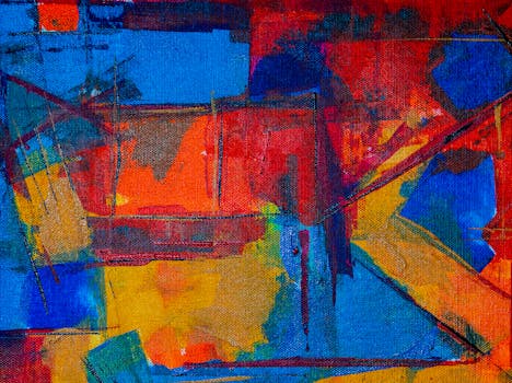 这幅抽象画色彩大胆，笔触富有表现力，充满活力