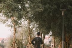 A man running in an urban park with lush greenery and calm ambiance.
