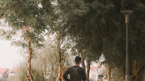 A man running in an urban park with lush greenery and calm ambiance.