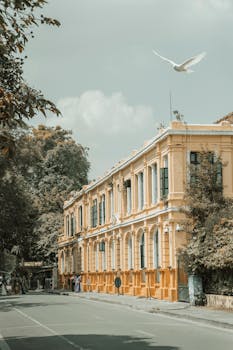 Yellow colonial building on a city street with a bird flying overhead.