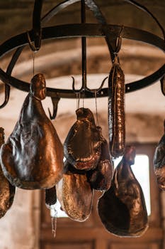 Close-up of various cured meats hanging in a rustic Vianden cellar.
