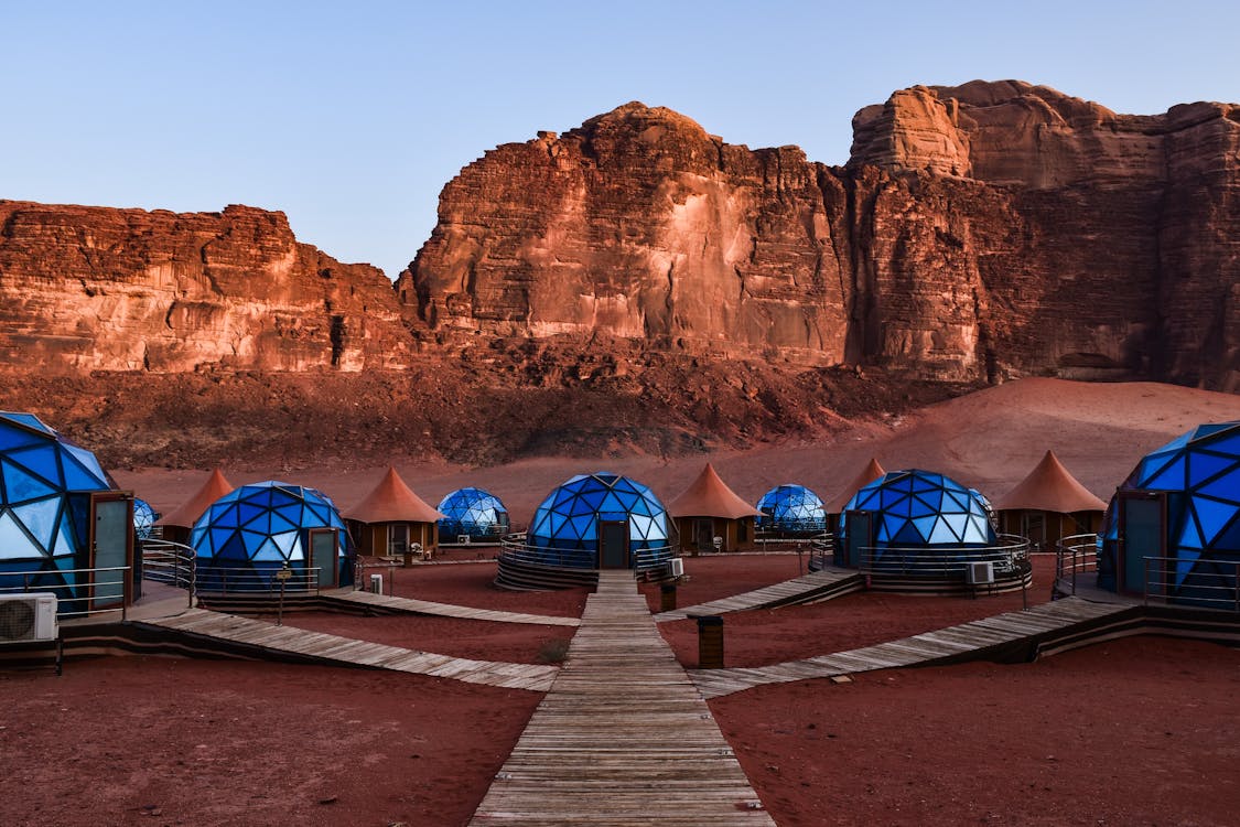 Free The dome tents are set up in front of a desert Stock Photo