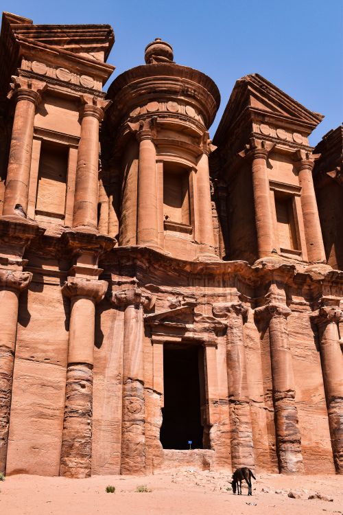 Free Stunning view of The Monastery at Petra, Jordan under clear blue skies. Stock Photo